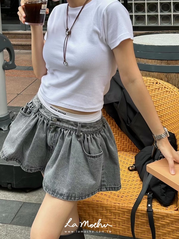 中低腰後口袋牛仔澎裙
